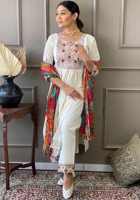 White Embroidered Viscose Chanderi Kurta Set