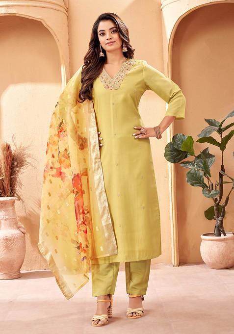 Mustard Embroidered Viscose Chanderi Kurta Set