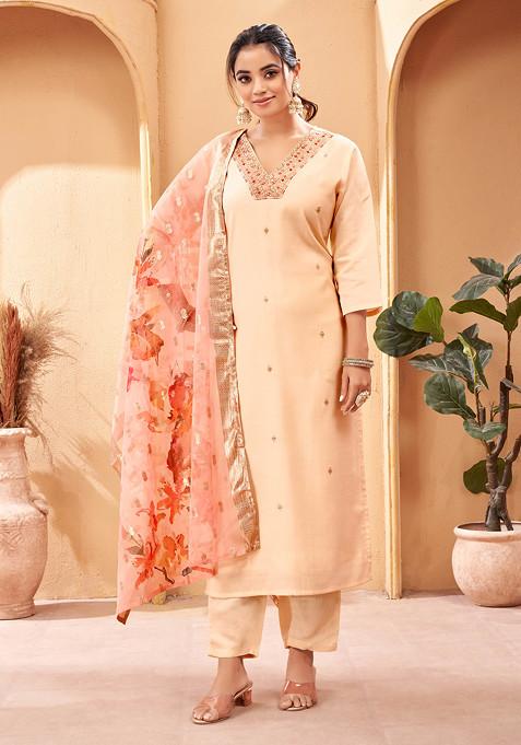 Peach Embroidered Viscose Chanderi Kurta Set