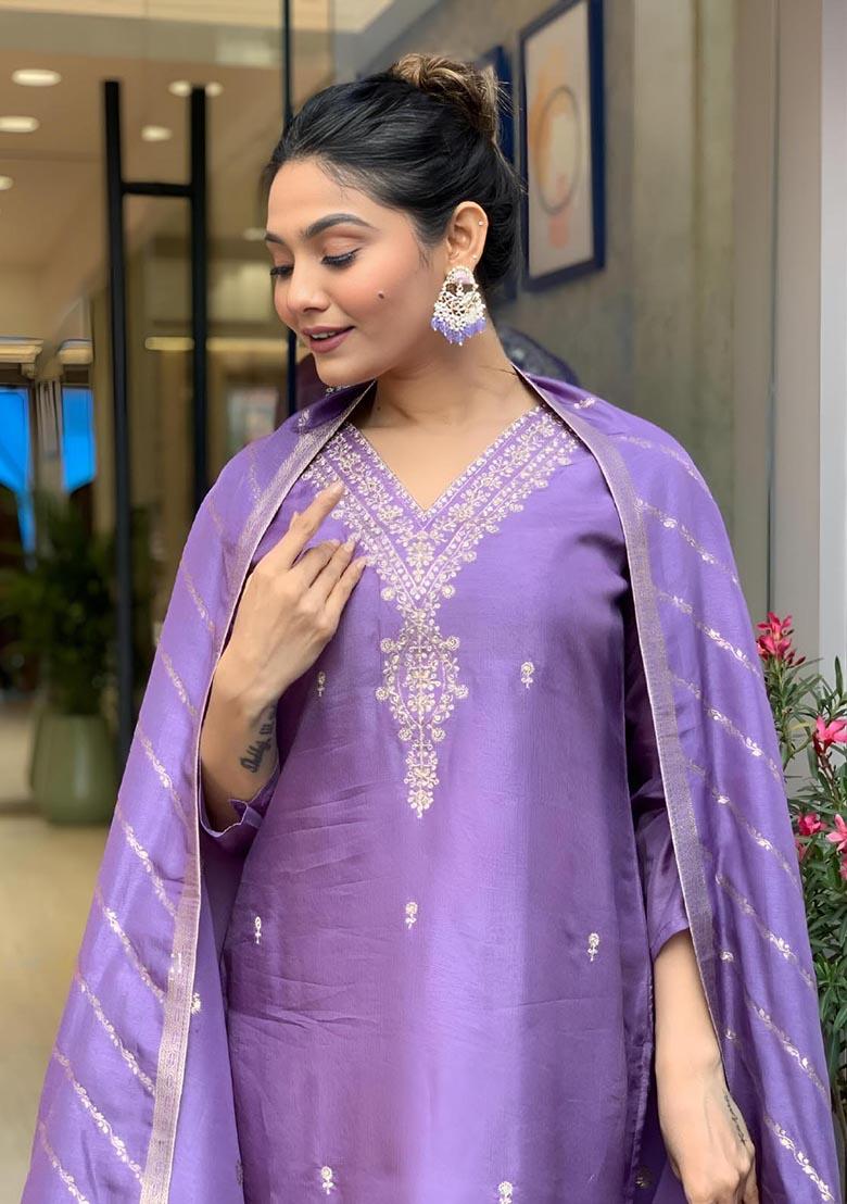 Purple Embroidered Viscose Chanderi Kurta Set