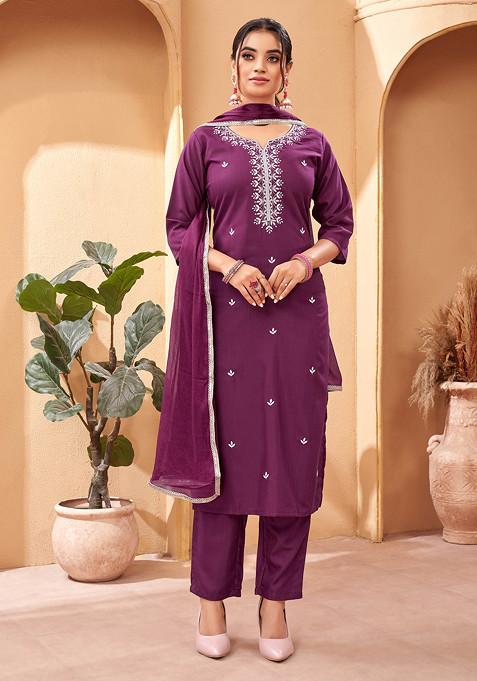 Wine Embroidered Rayon Kurta Set