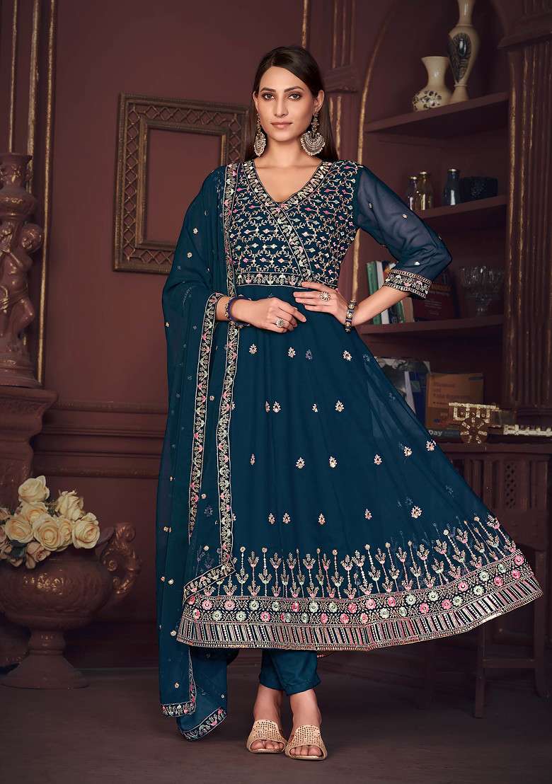 Rama Blue Embroidered Georgette Kurta Set - Indya