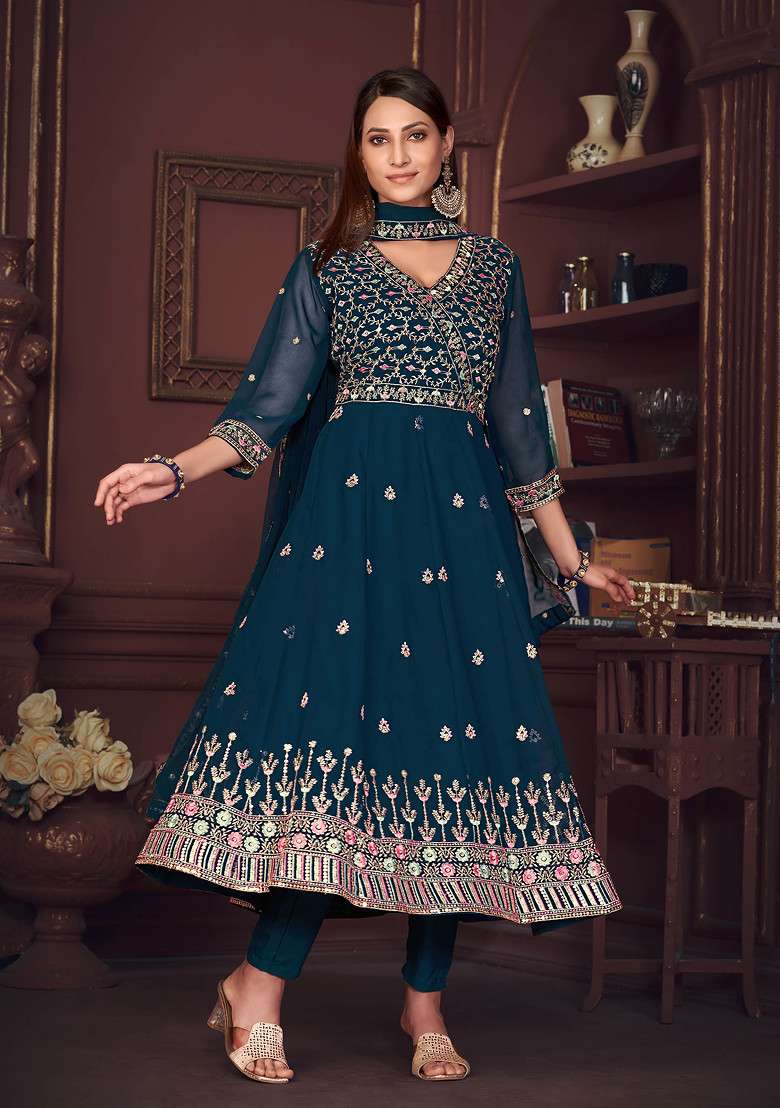 Rama Blue Embroidered Georgette Kurta Set - Indya