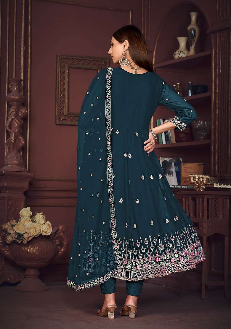 Rama Blue Embroidered Georgette Kurta Set - Indya