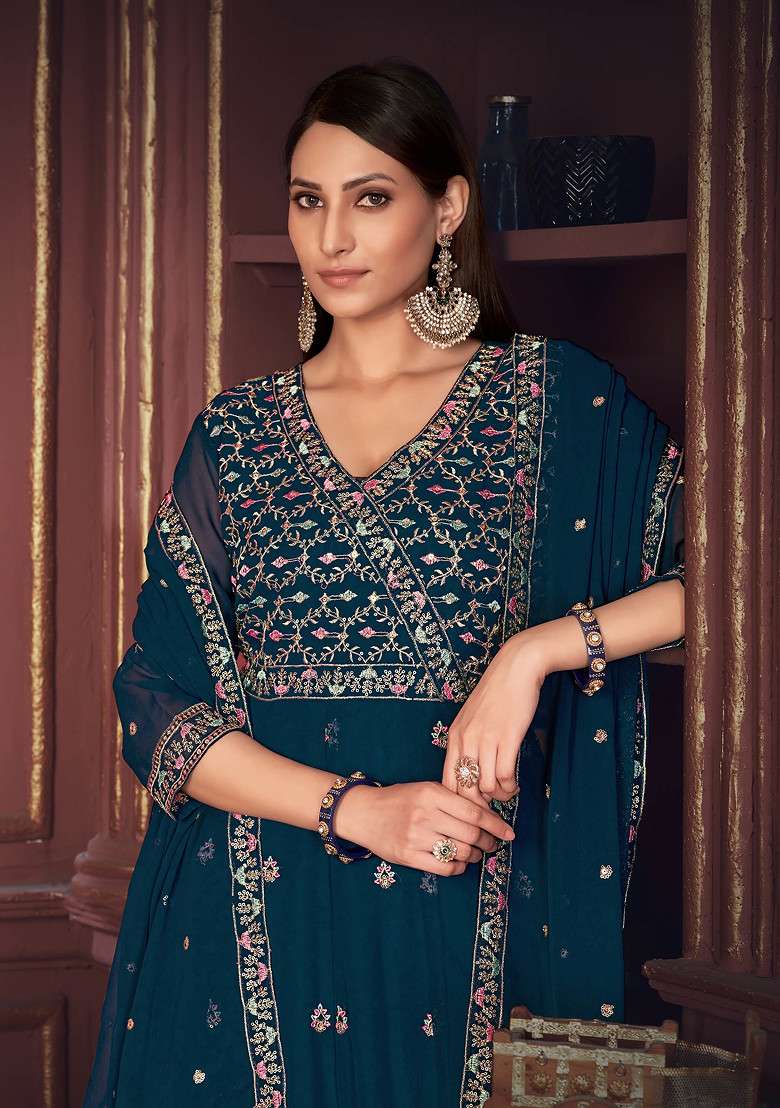 Rama Blue Embroidered Georgette Kurta Set - Indya