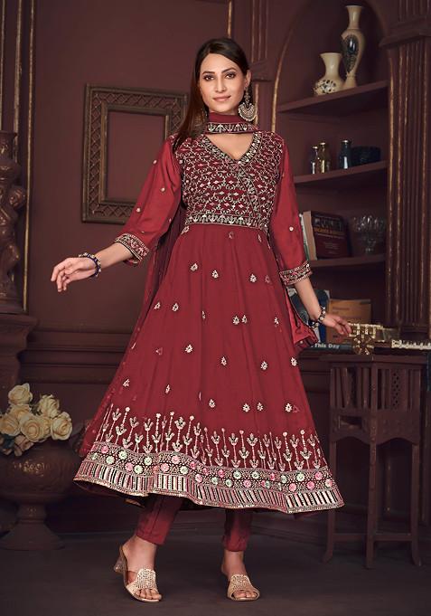 Maroon Embroidered Georgette Kurta Set