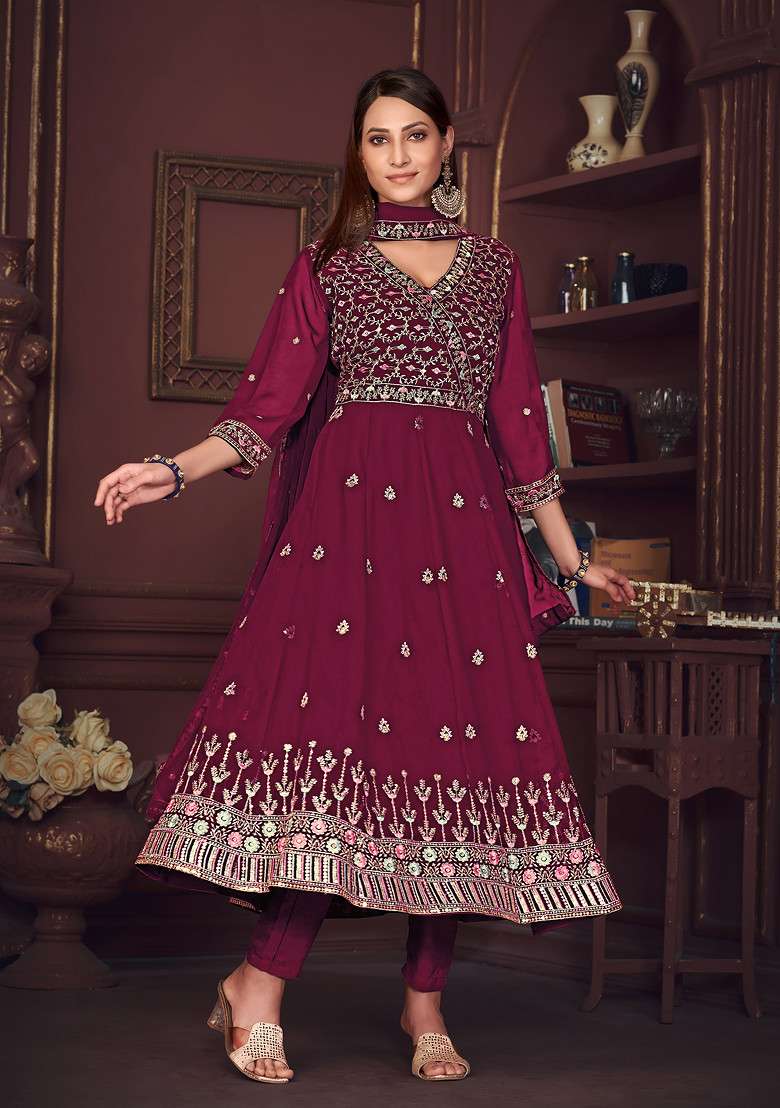 Dark Pink Embroidered Georgette Kurta Set - Indya