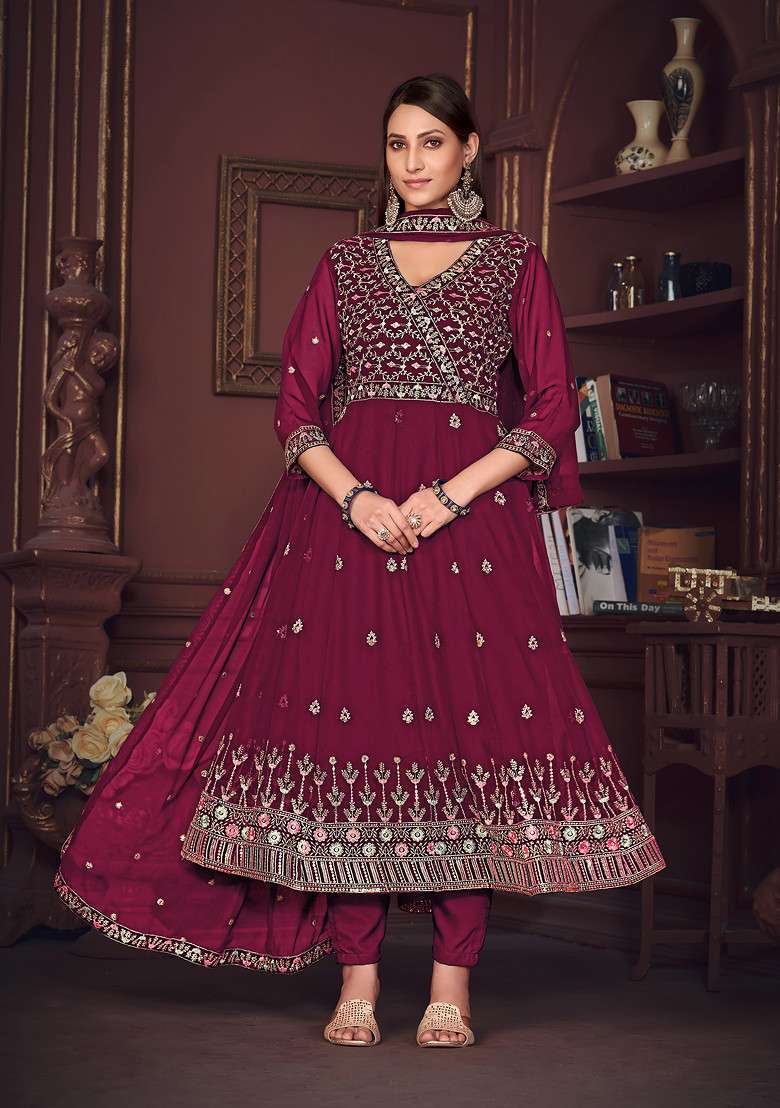 Dark Pink Embroidered Georgette Kurta Set - Indya