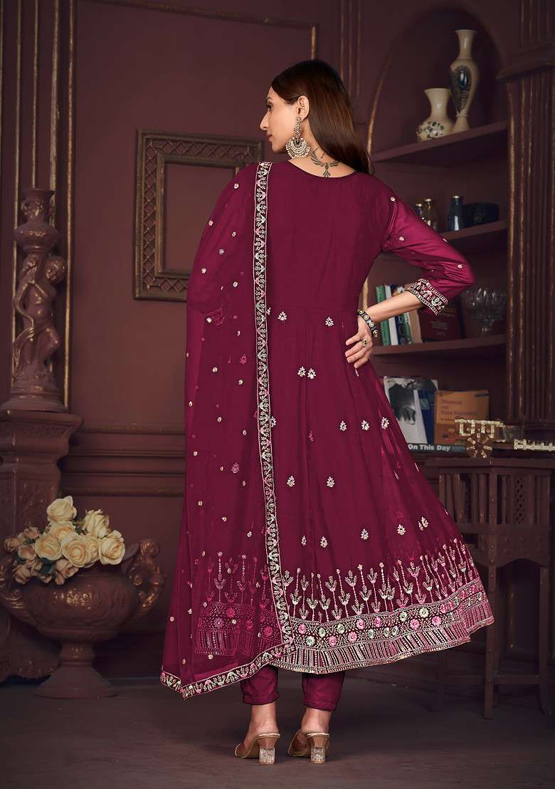 Dark Pink Embroidered Georgette Kurta Set - Indya