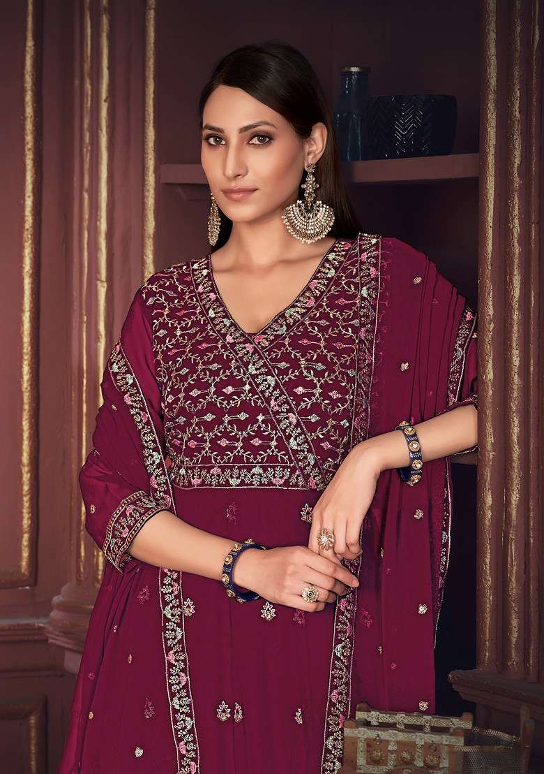 Dark Pink Embroidered Georgette Kurta Set - Indya