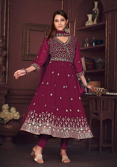 Dark Pink Embroidered Georgette Kurta Set