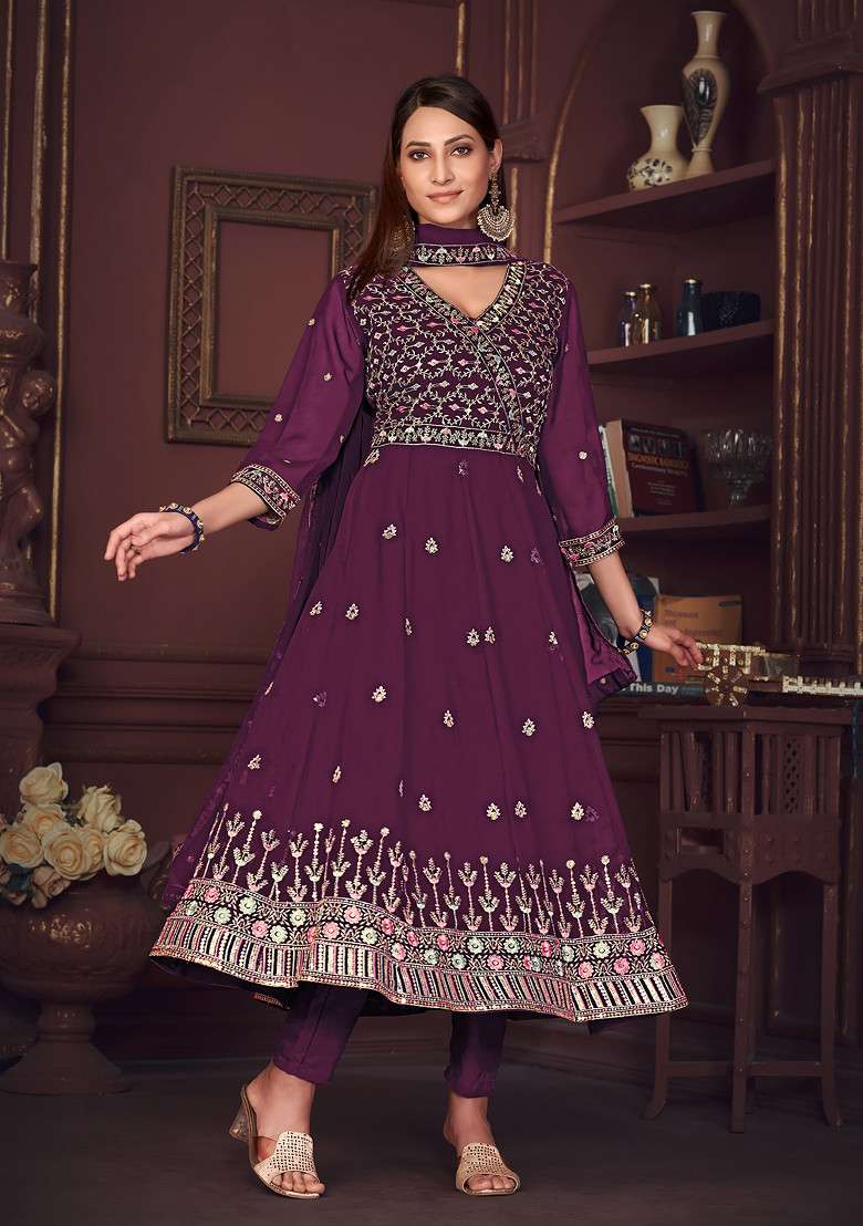 Purple Embroidered Georgette Kurta Set - Indya
