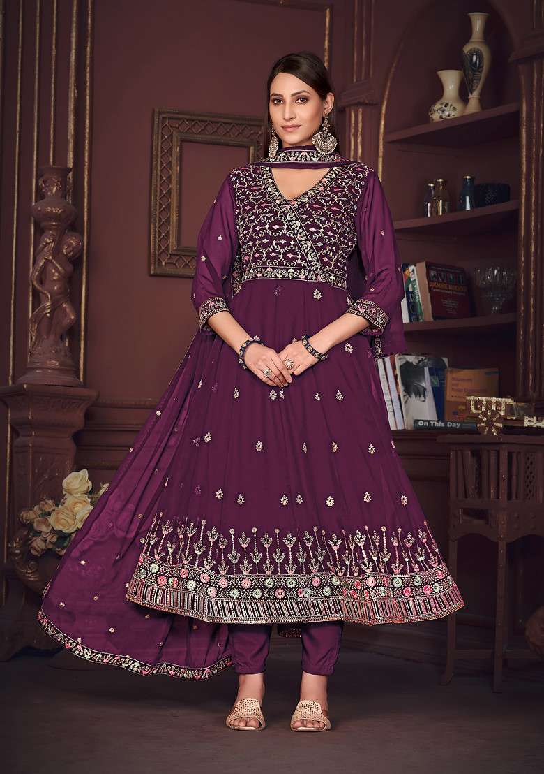 Purple Embroidered Georgette Kurta Set - Indya