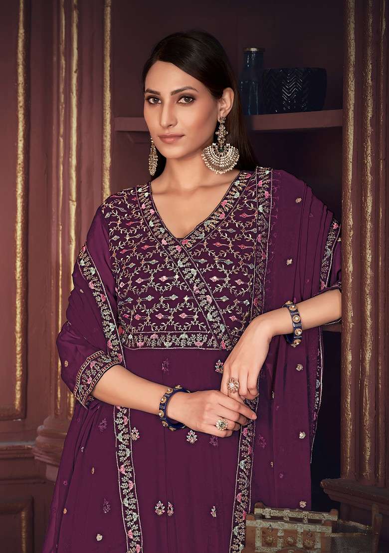 Purple Embroidered Georgette Kurta Set - Indya