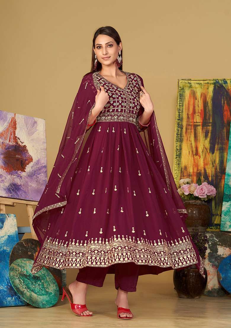 Dark Pink Embroidered Georgette Kurta Set - Indya