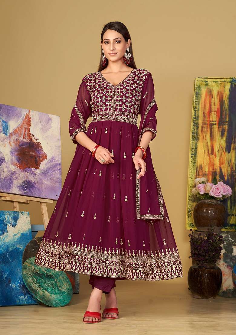 Dark Pink Embroidered Georgette Kurta Set - Indya