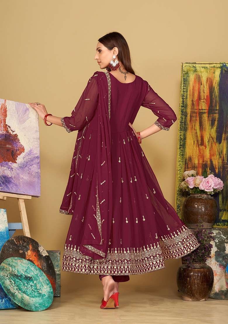 Dark Pink Embroidered Georgette Kurta Set - Indya