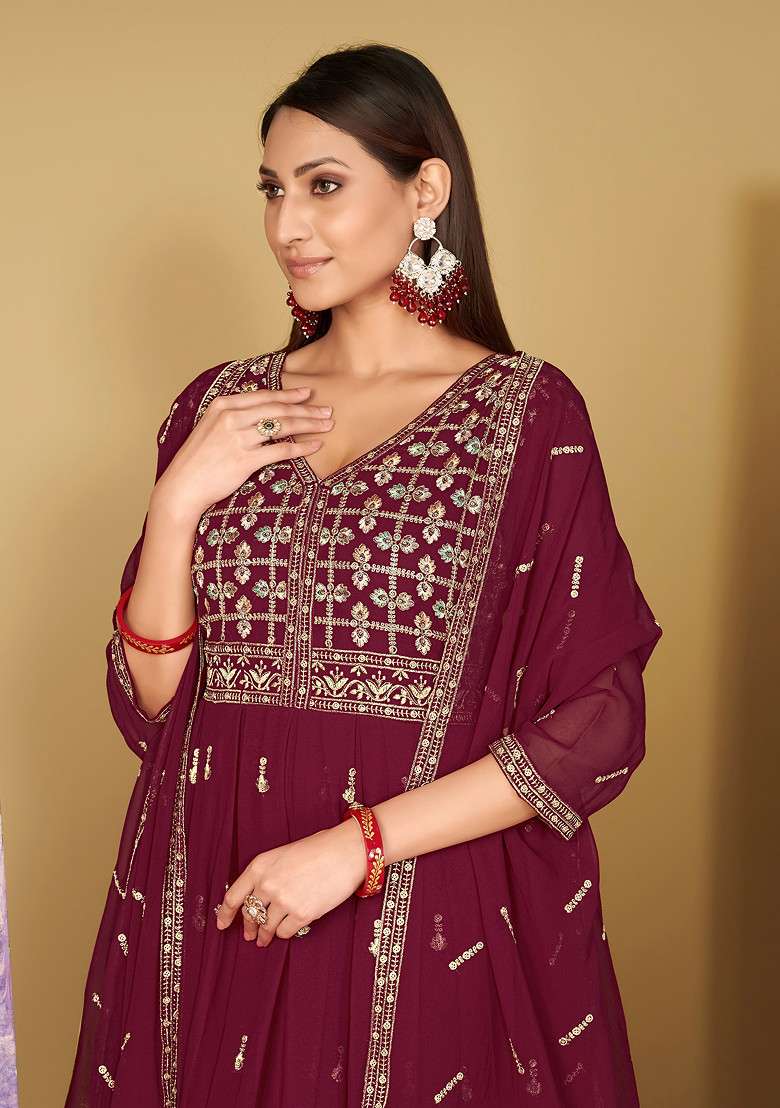 Dark Pink Embroidered Georgette Kurta Set - Indya