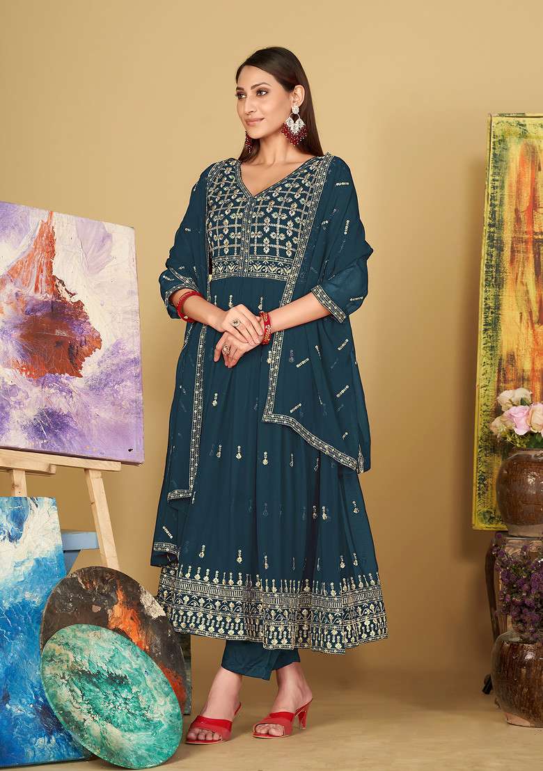 Rama Blue Embroidered Georgette Kurta Set - Indya