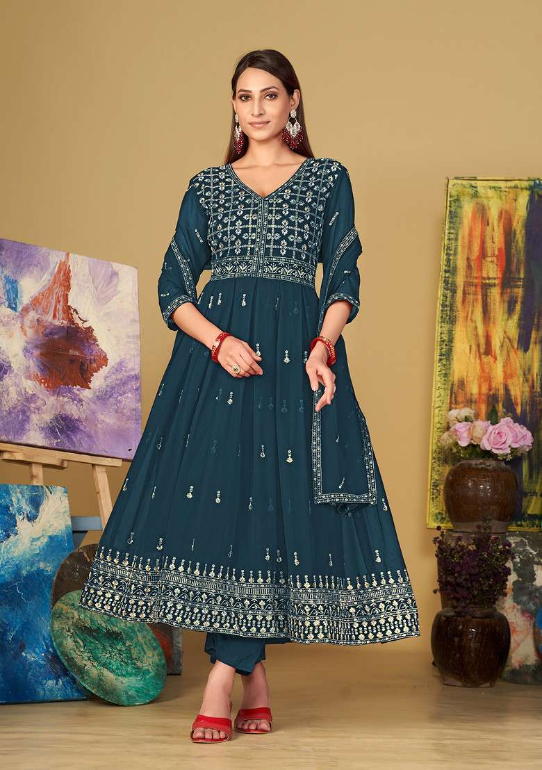Rama Blue Embroidered Georgette Kurta Set - Indya