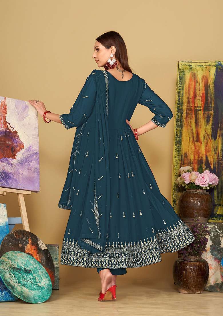 Rama Blue Embroidered Georgette Kurta Set - Indya