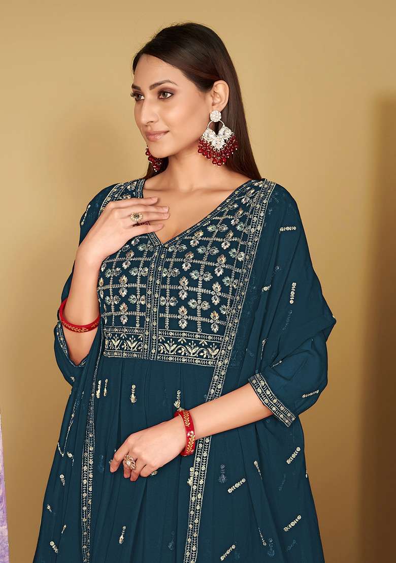 Rama Blue Embroidered Georgette Kurta Set - Indya