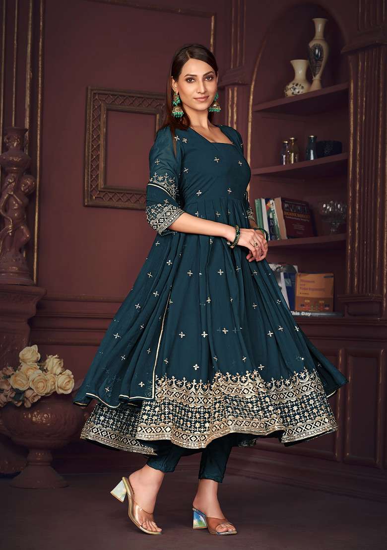 Rama Blue Embroidered Georgette Kurta Set - Indya