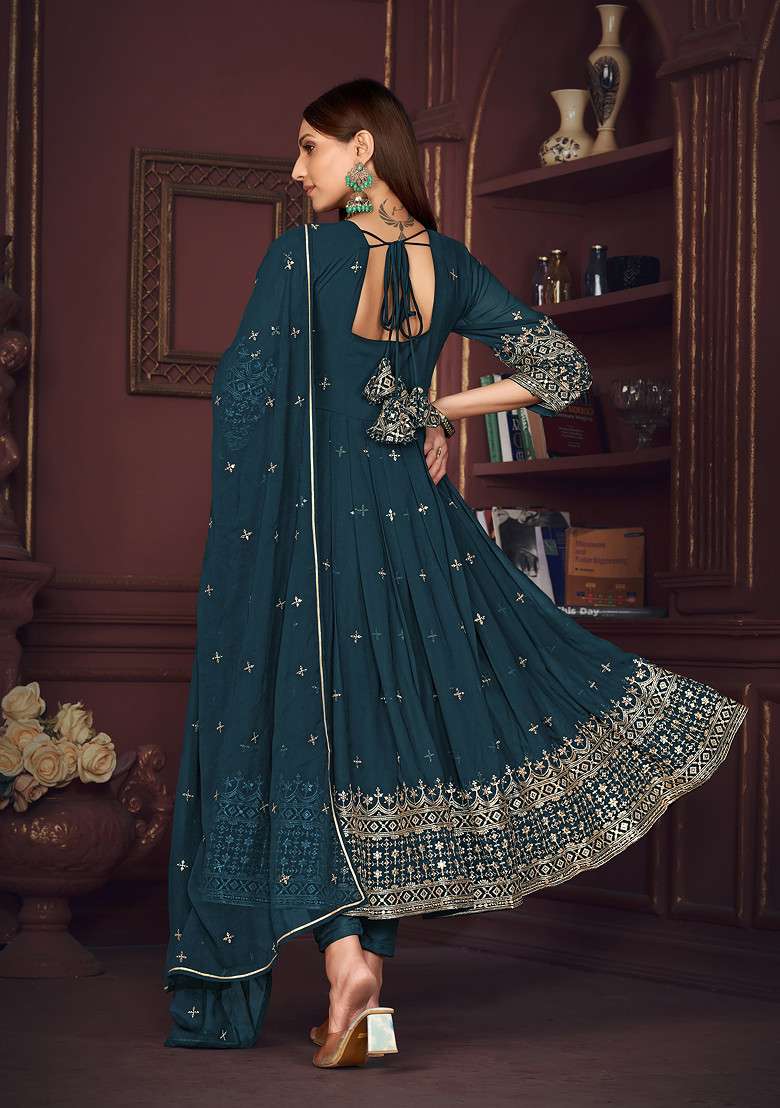Rama Blue Embroidered Georgette Kurta Set - Indya