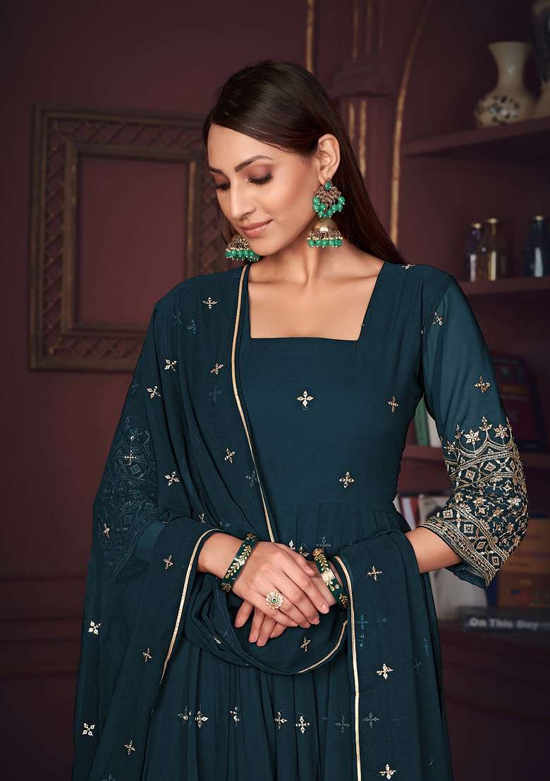 Rama Blue Embroidered Georgette Kurta Set - Indya