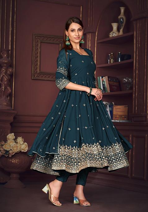 Rama Blue Embroidered Georgette Kurta Set