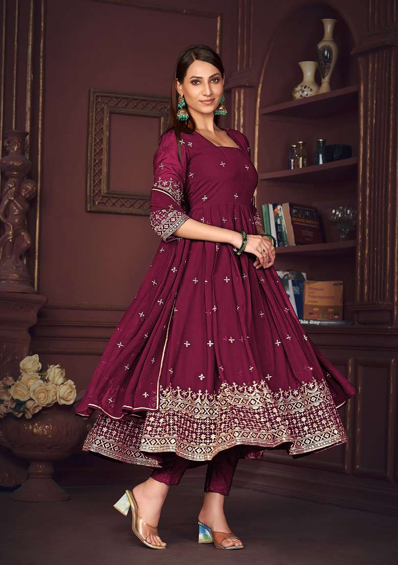 Dark Pink Embroidered Georgette Kurta Set - Indya