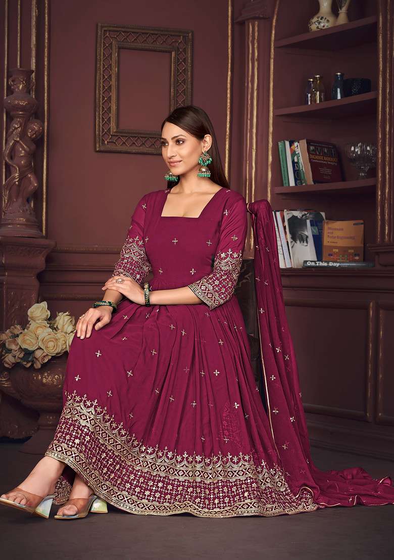 Dark Pink Embroidered Georgette Kurta Set - Indya