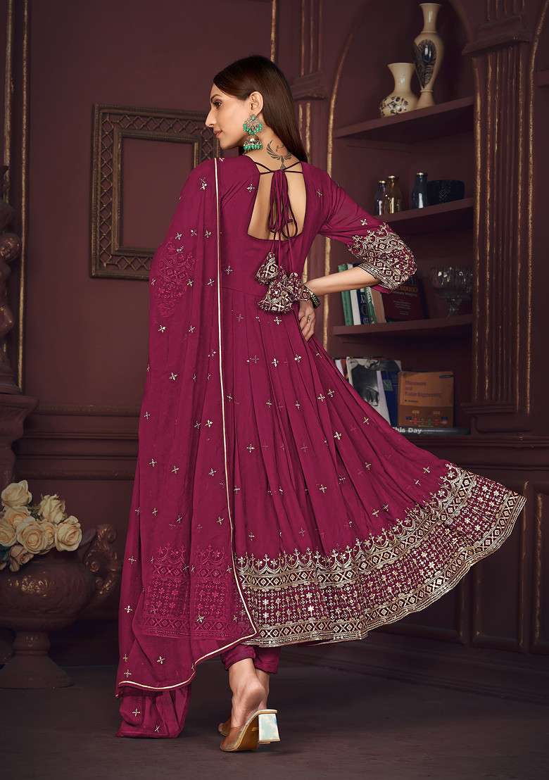Dark Pink Embroidered Georgette Kurta Set - Indya