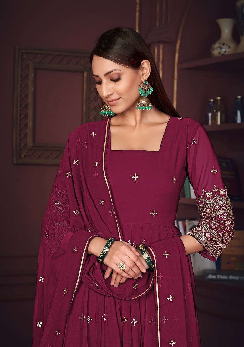 Dark Pink Embroidered Georgette Kurta Set - Indya