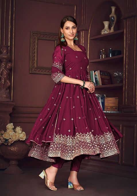 Dark Pink Embroidered Georgette Kurta Set