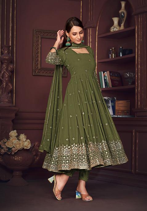 Mehendi Green Embroidered Georgette Kurta Set