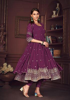 Purple Embroidered Georgette Kurta Set