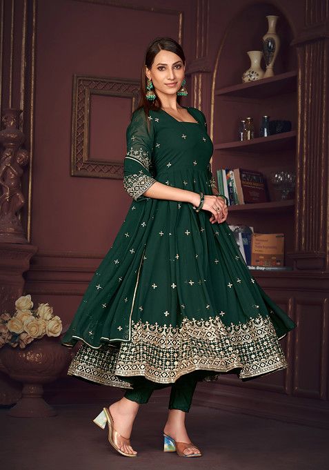 Green Embroidered Georgette Kurta Set