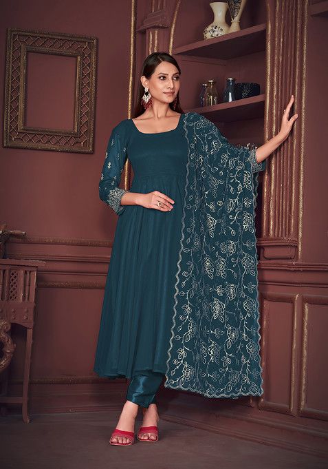 Rama Blue Embroidered Georgette Kurta Set