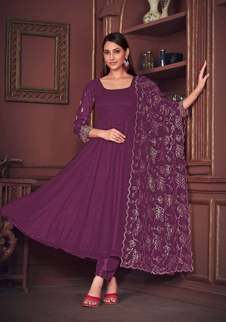 Purple Embroidered Georgette Kurta Set - Indya