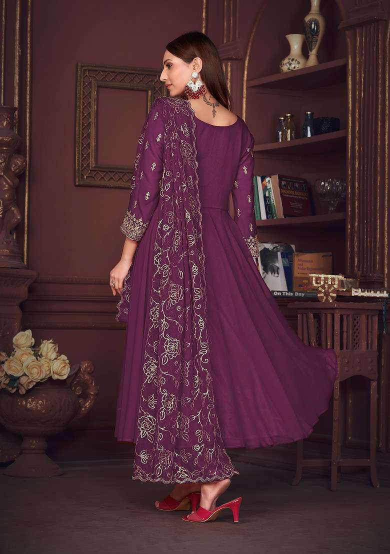 Purple Embroidered Georgette Kurta Set - Indya