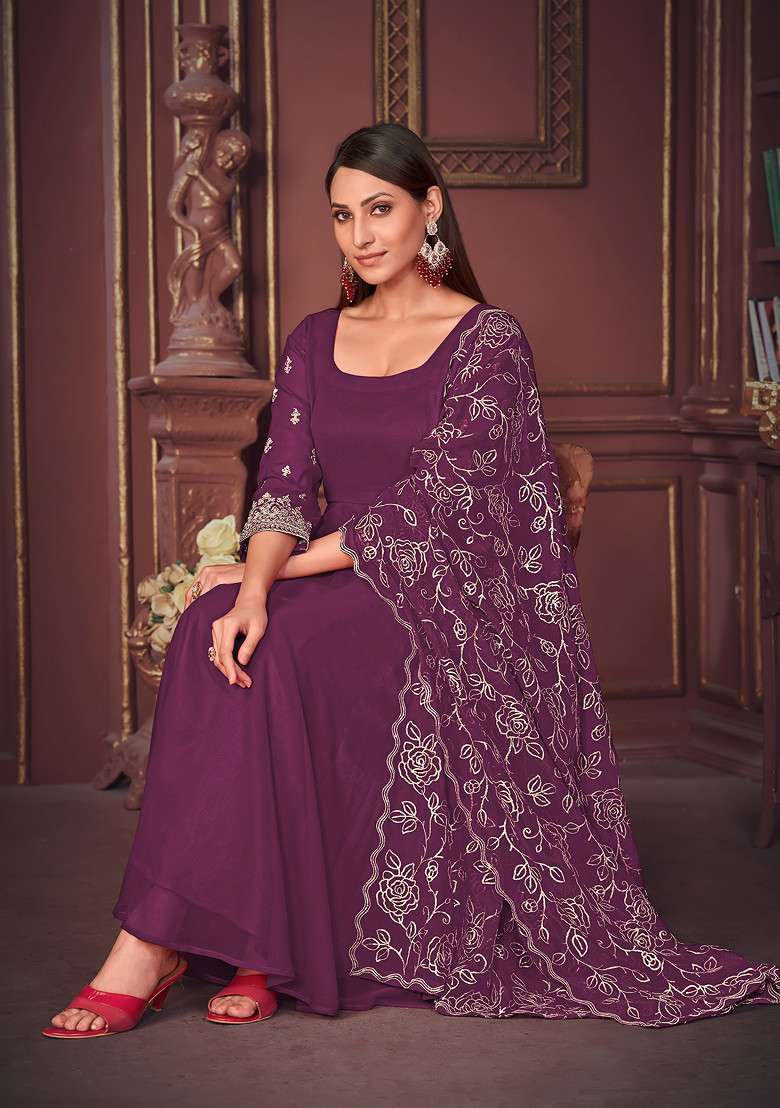 Purple Embroidered Georgette Kurta Set - Indya