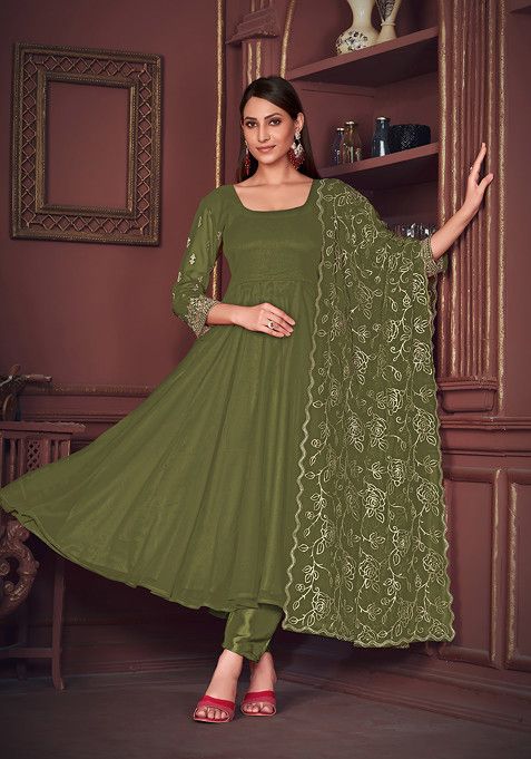 Mehendi Green Embroidered Georgette Kurta Set