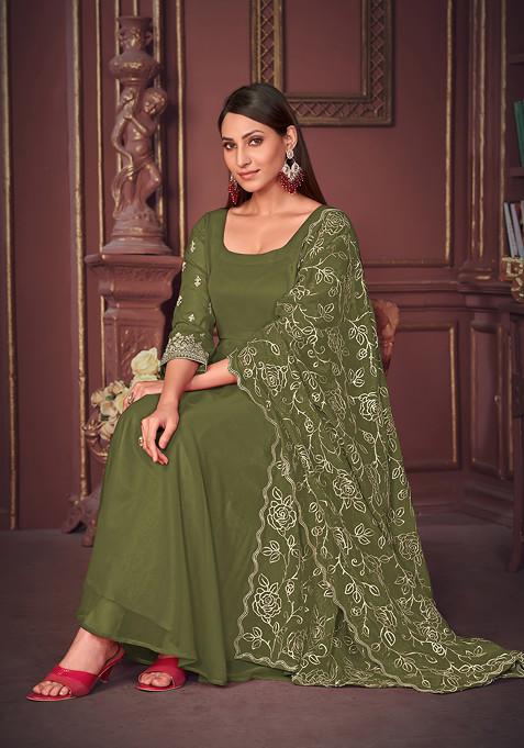 Mehendi Green Embroidered Georgette Kurta Set