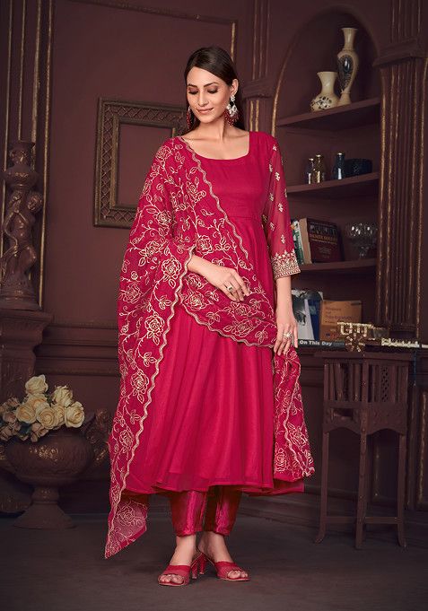 Pink Embroidered Georgette Kurta Set