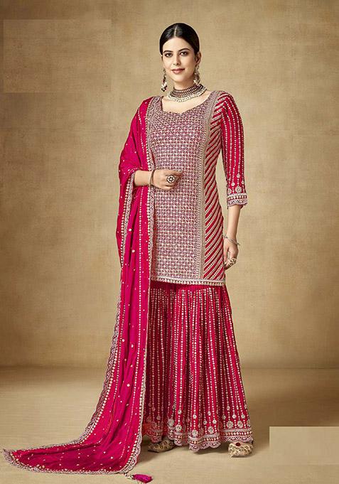 Pink Embroidered Chinon Kurta Set