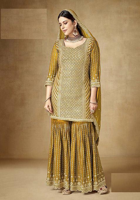 Mustard Embroidered Chinon Kurta Set