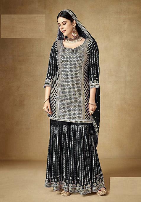 Black Embroidered Chinon Kurta Set