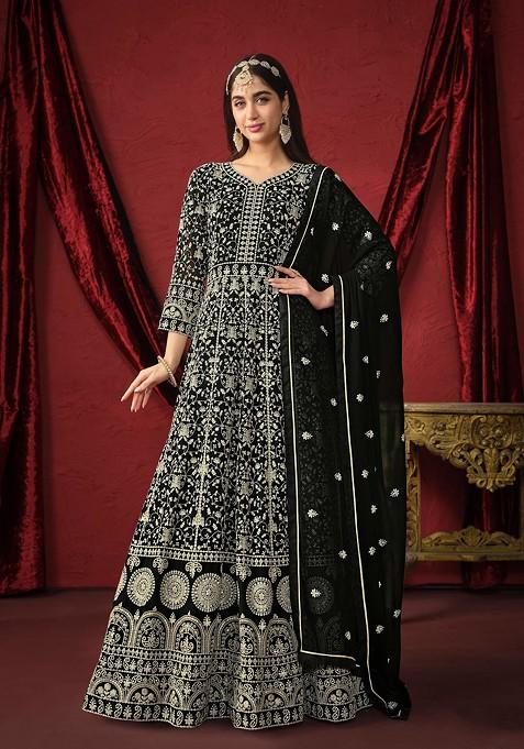 Black Embroidered Faux Georgette Kurta Set