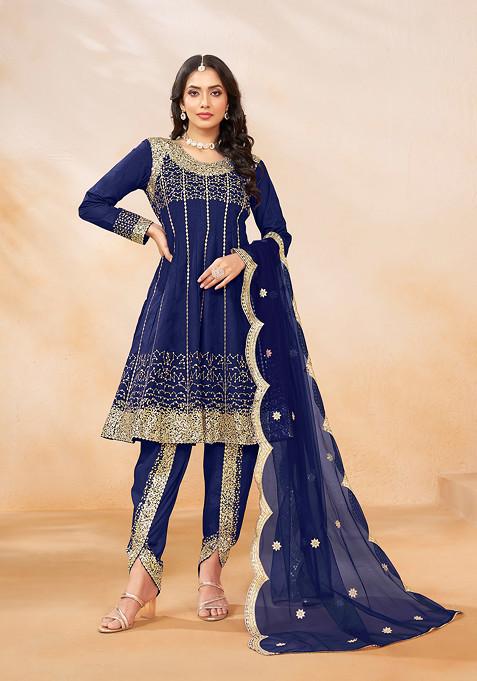 Blue Embroidered Art Silk Kurta Set